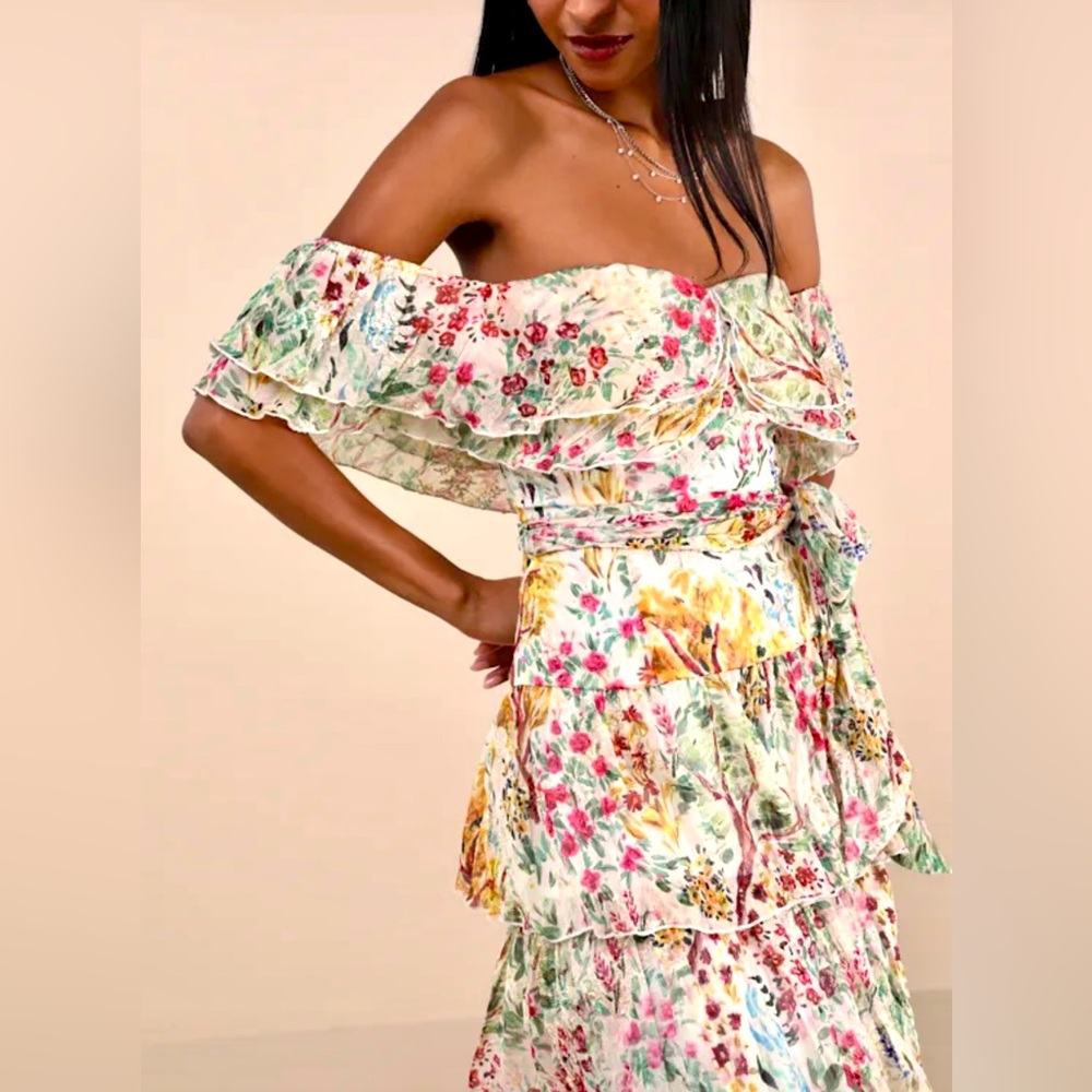 Lulus Multicolor Cream Off the Shoulder Tiered Midi Floral Dress-Medium